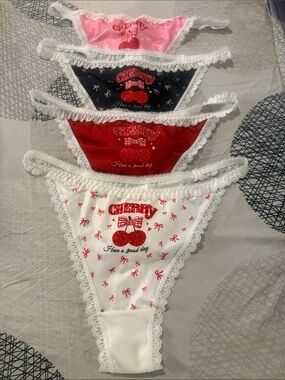 Lace Trim Cherry Thong Set - Pink, Black, Red, White